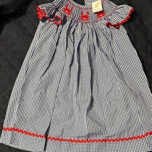 Blue and White Gingham Bishop Dress with Crab Smocking